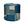 Round indoor pouf with blue and gray patchwork collage fabric, flat top