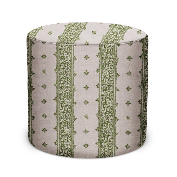 Indoor pouf in green and natural Fez pattern fabric with round top and stitched sides