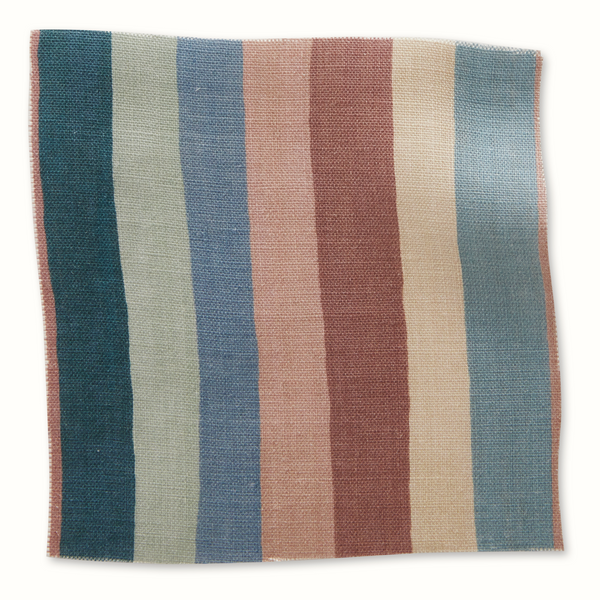 Striped pillow cover fabric with vertical blue, pink, and cream bands
