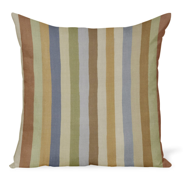 Striped throw pillow cover with vertical gold, sage, blue, and tan stripes