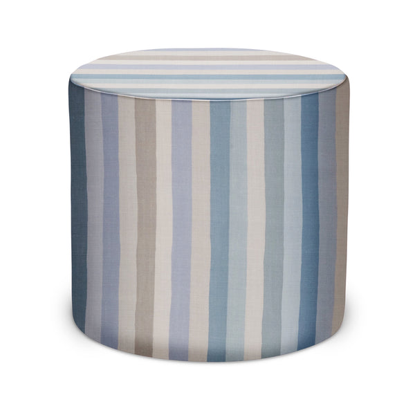 Indoor pouf with pale blue and cream vertical stripe fabric, round padded top.