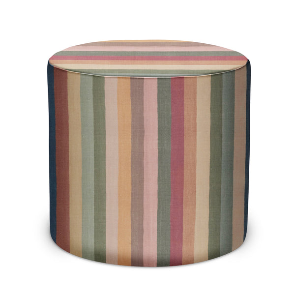 Round indoor pouf with multicolor vertical stripe fabric top and sides