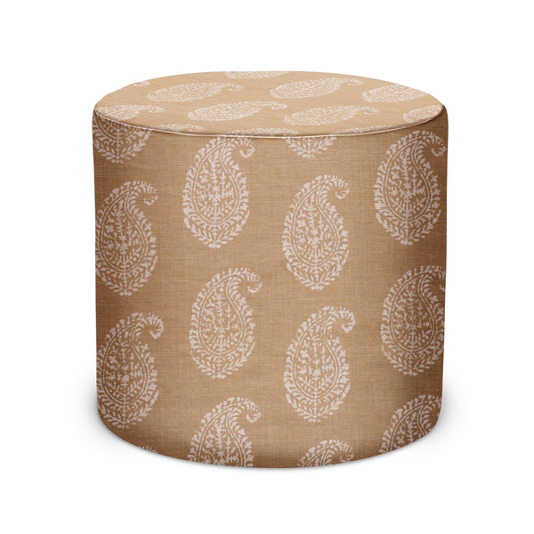 Indoor pouf ottoman with white paisley print on stone-beige fabric, round padded