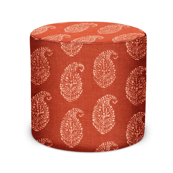 Indoor pouf ottoman, red tea linen with white paisley pattern, round cylinder