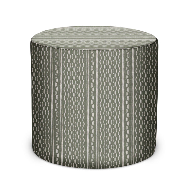 Sage green striped fabric pouf with rounded cylindrical shape