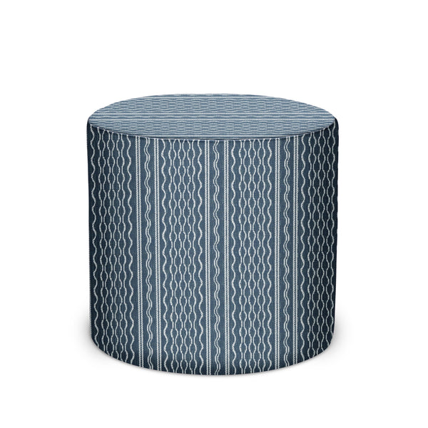 Peter Dunham Hmong stripe pouf in sky blue with dark navy vertical pattern, cylindrical