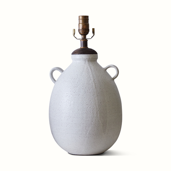 Speckled ceramic jug table lamp base with brass-toned burner and side loop handles