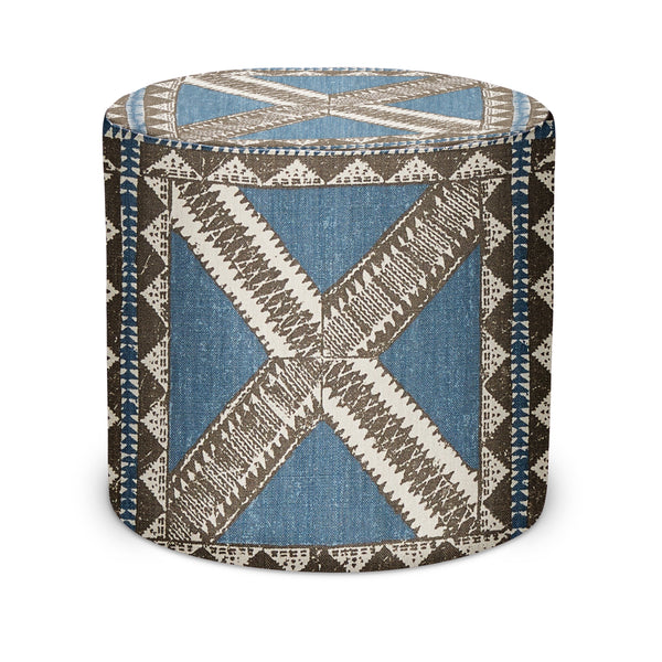 Indigo geometric fabric indoor pouf ottoman, round cylinder with X motif and trim