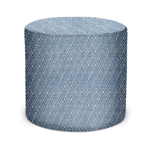 Indigo geometric-pattern indoor pouf with cylindrical upholstered sides and top