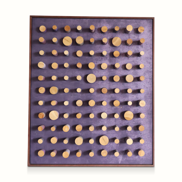 Purple peg art board with light-wood round pegs arranged in rows