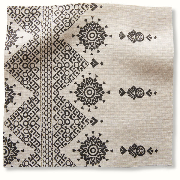 Outdoor pillow cover in natural linen with charcoal geometric medallion print