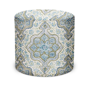 Indoor Pouf in Peter Dunham Textiles Deeg in Moss/Indigo on White