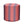 Round indoor pouf in coral and indigo geometric fabric, cylindrical top.