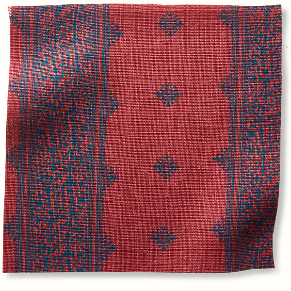 Indigo and raspberry striped decorative pillow cover with patterned motifs