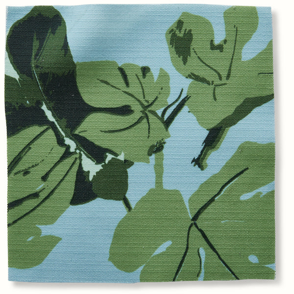 Peter Dunham Textiles Outdoor Fig Leaf in Original on Blue Pillow