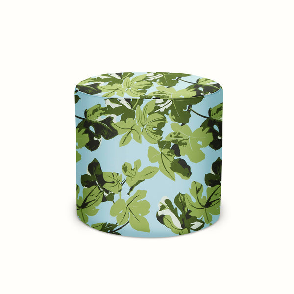 Indoor/Outdoor Pouf in Peter Dunham Textiles Fig Leaf Original on Blue