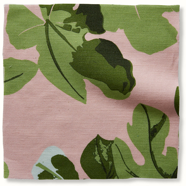 Peter Dunham leaf-pattern textile fabric swatch on pink ground, green fig leaves