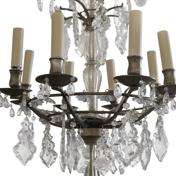Antique bronze crystal chandelier with candle bulbs and dangling clear prisms