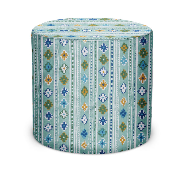 Indigo and olive patterned indoor pouf, rounded cylindrical fabric ottoman stool