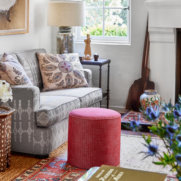 Indoor/Outdoor Pouf in Peter Dunham Textiles Espadrille in Persia