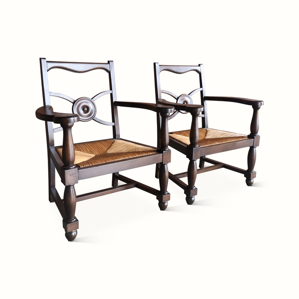Charles Dudouyt Attr. Oak and Rush Armchairs