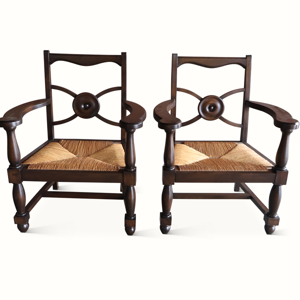 Charles Dudouyt Attr. Oak and Rush Armchairs