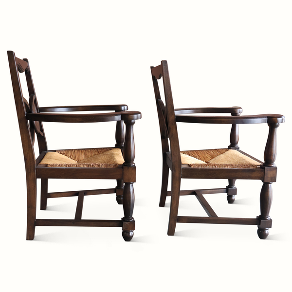 Charles Dudouyt Attr. Oak and Rush Armchairs
