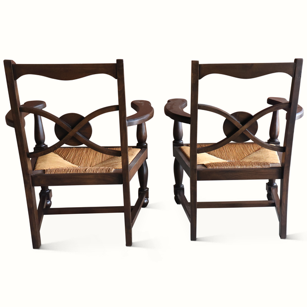 Charles Dudouyt Attr. Oak and Rush Armchairs