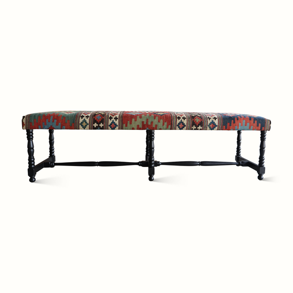 Vintage kilim bench with multicolor geometric woven seat and dark wood base