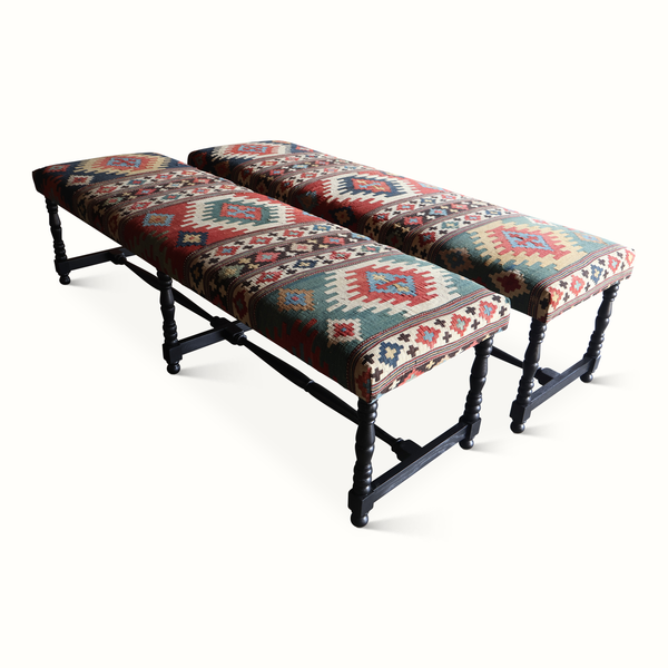 Kilim bench with two-seat cushion tops in multicolor geometric pattern and dark legs