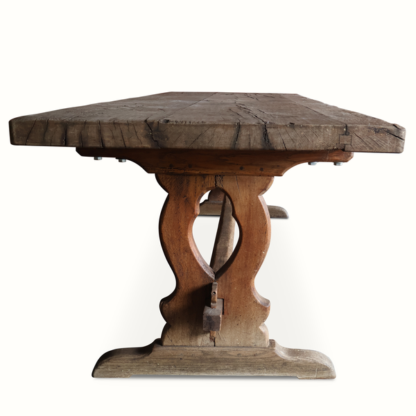 Antique French oak refectory table, carved pedestal base with oval cutout and chunky top