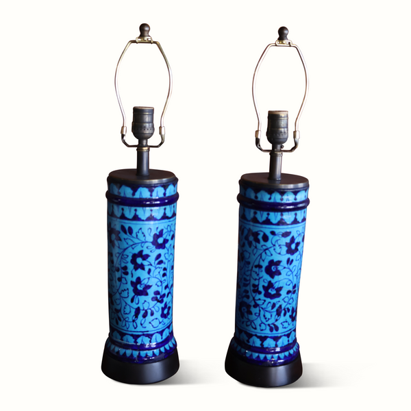 Pair of blue Persian pottery table lamps with white shades and brass pull-chain tops