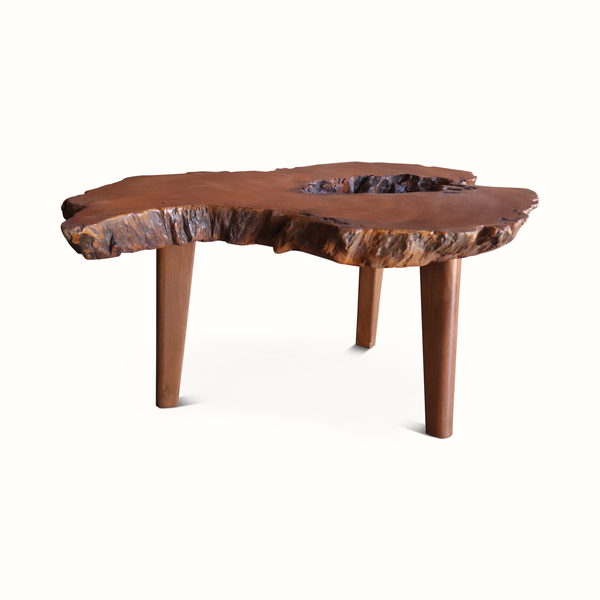 Live edge side table, long wooden slab with blue resin details, four short legs.
