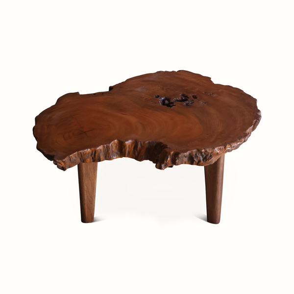 Live edge side table, round wooden top with carved groove and blue resin, three legs.