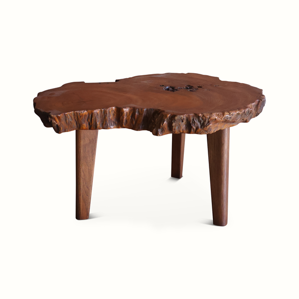 Live edge side table, sculpted wooden slab top with blue resin, three tapered legs.