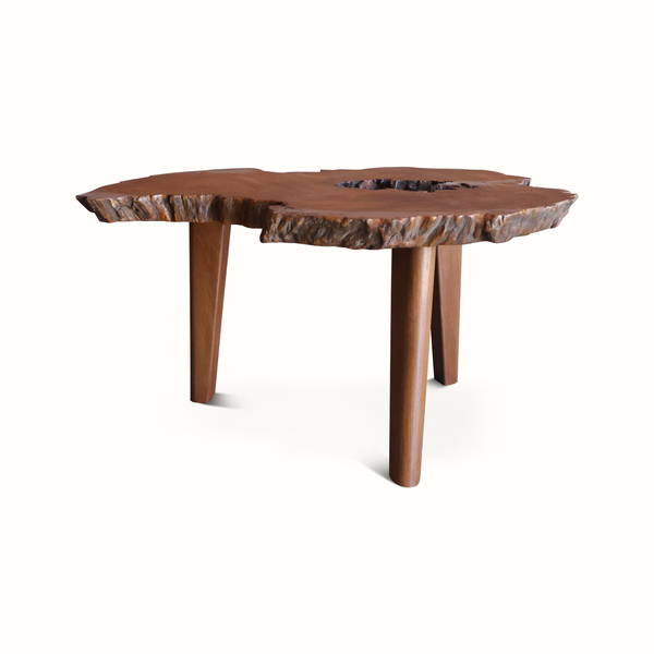 Live edge side table, flat wooden slab with blue resin section, three tapered legs.