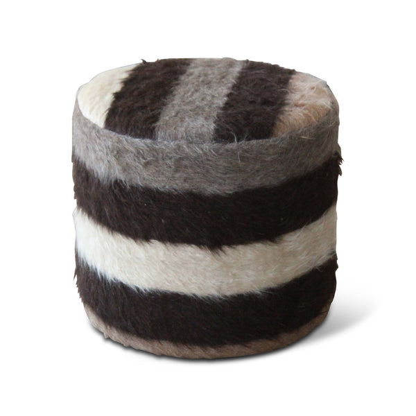 Striped shaggy wool mohair upholstered stool in black, gray, and white.
