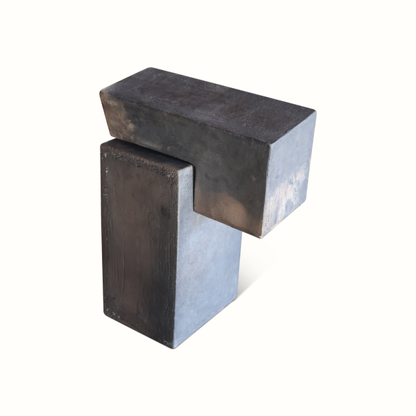 Ceramic two-piece sculpture with stacked dark and light gray block shapes