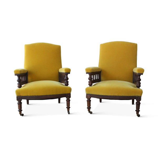 Vintage Pair of Antique Armchairs in Yellow Mohair, France, Late 19th Century