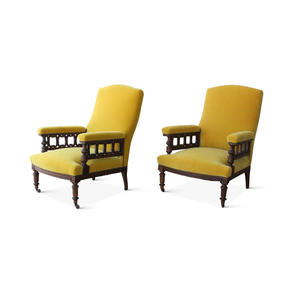 Vintage Pair of Antique Armchairs in Yellow Mohair, France, Late 19th Century