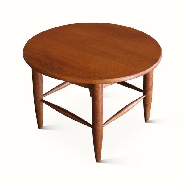 Solid wood side table with dark brown round top, tapered legs, and X-style support