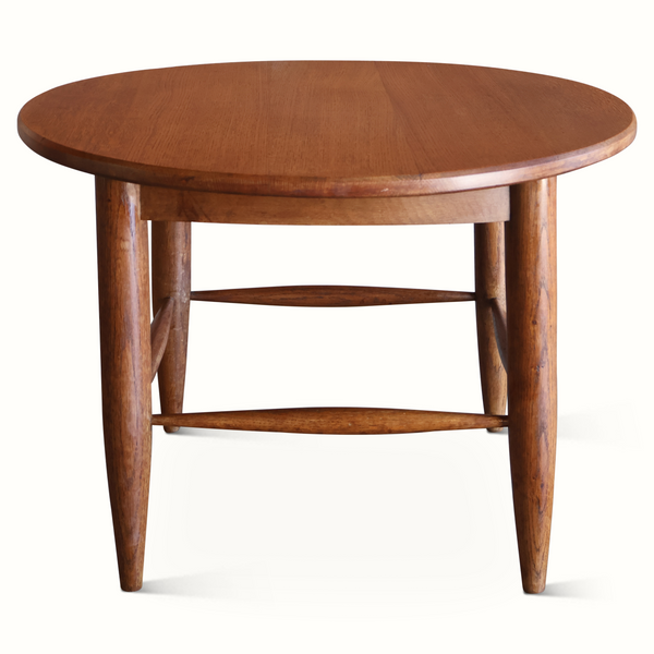 Dark brown round-top solid wood side table with two vertical supports and lower shelf bar