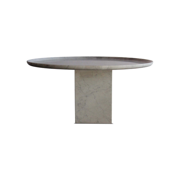Round marble pedestal coffee table, light gray veined top on tapered pedestal base