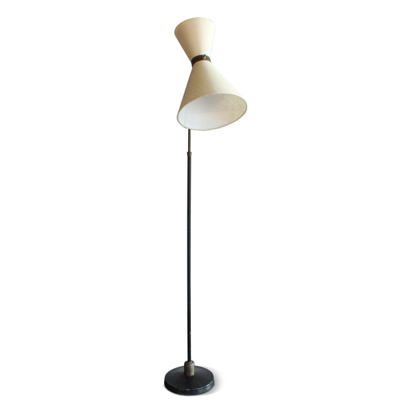 Vintage floor lamp with pivoting cream drum shades and tall black pole