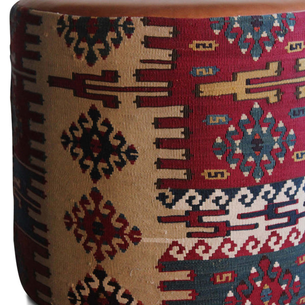Turkish kilim leather pouf side panel with multicolor geometric woven textile