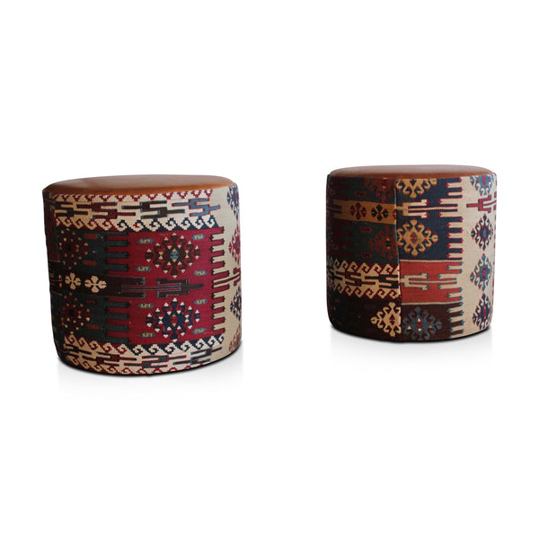 Turkish kilim leather pouf with multicolor geometric woven pattern and brown leather top
