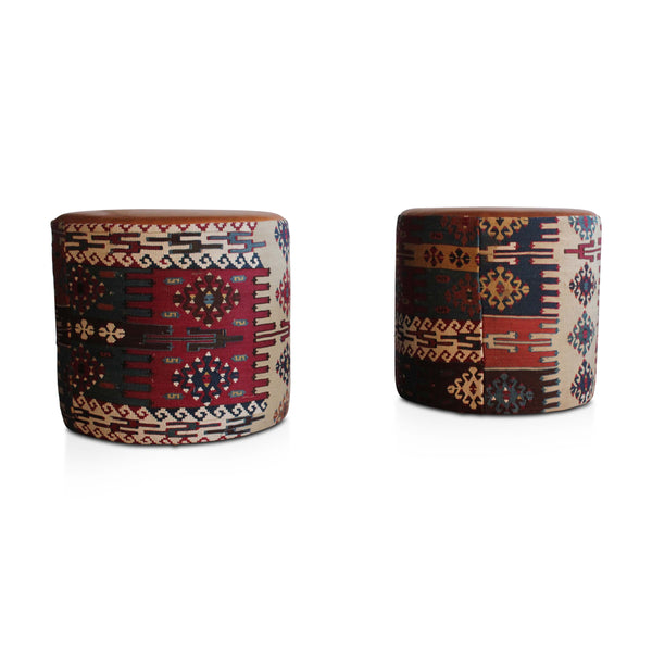Turkish kilim leather pouf with red, blue, and cream geometric woven design