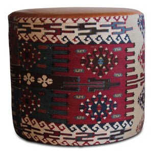 Turkish kilim pouf with multicolor geometric woven pattern and brown leather trim