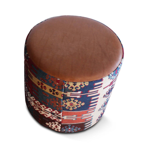 Turkish kilim leather pouf with smooth brown leather top and multicolor woven side