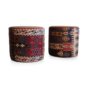Pair of Turkish Kilim and Leather Poufs